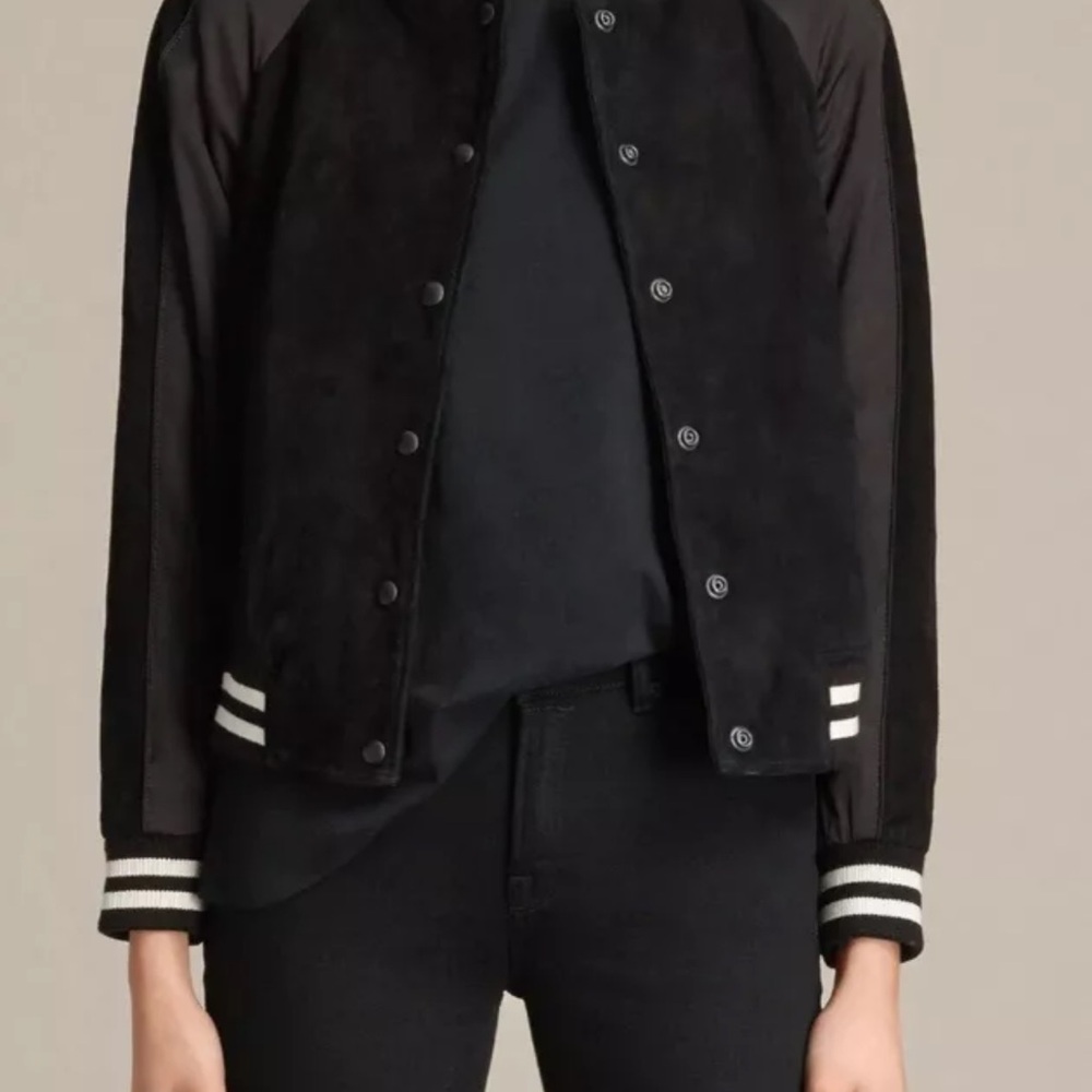 NWOT All Saints Black Gresley Bomber Jacket Black Suede Leather size M